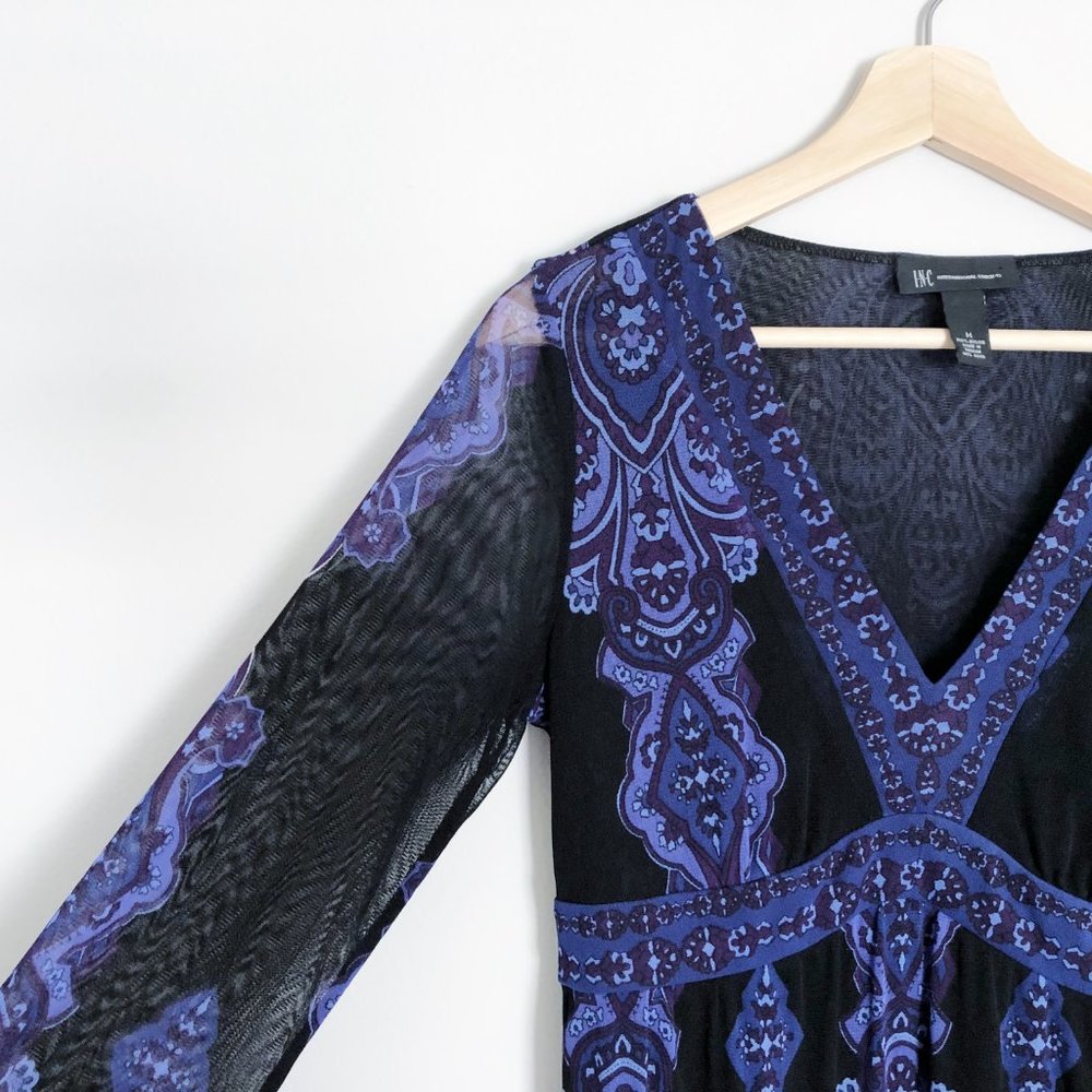 INC Purple & Black Semi Sheer V-neck Top Blouse